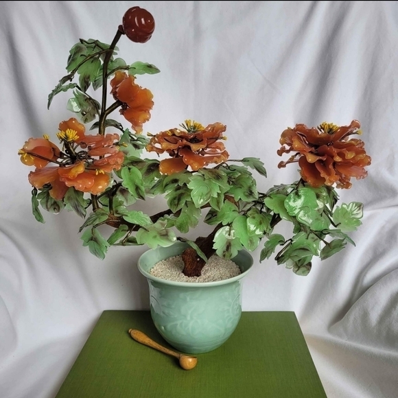 Stunning Vintage Bonsai Jade Glass Celadon Pot  Gorgeous Orange Blooms Large - Picture 2 of 10